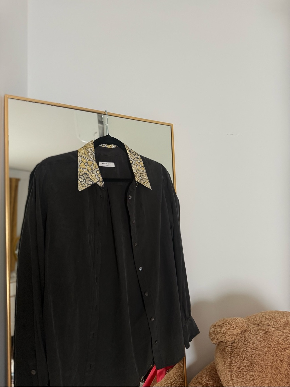 Equipment Black Button-Down Shirt with Patterned Yellow Collar